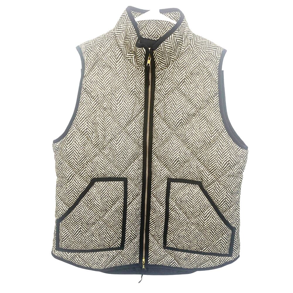 J Crew Diamond Quilted Puffer Vest M Houndstooth Black Cream  Preppy Womens